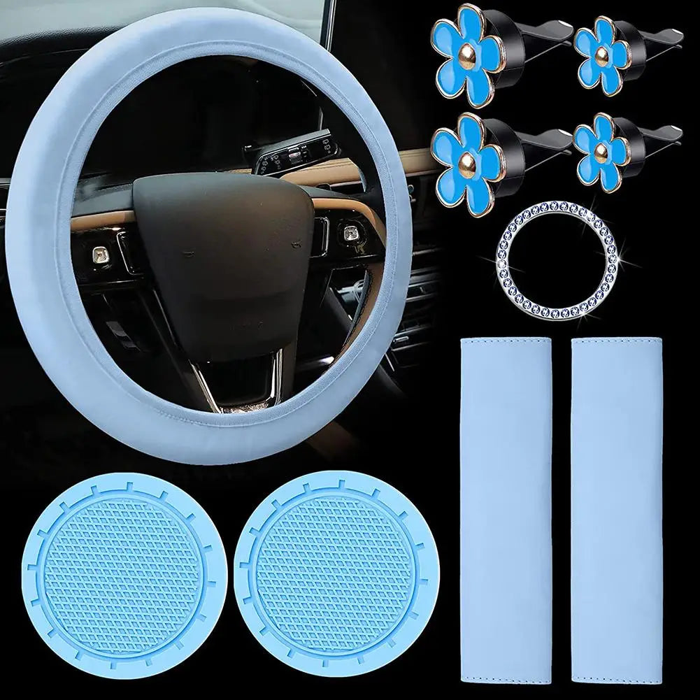 ONEMAXES 10 Pcs Leather Steering Wheel Cover For Women Cute Car