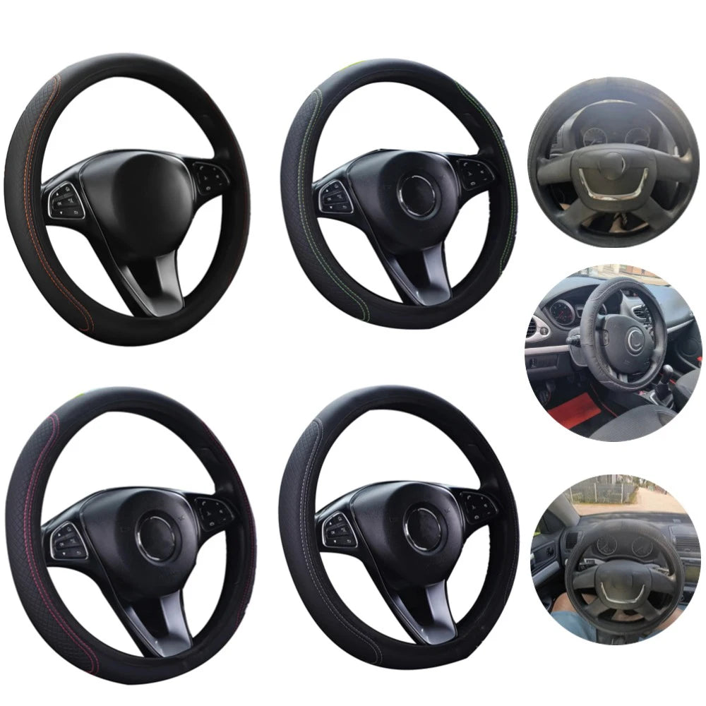 ONEMAXES 1Pcs Steering Wheel Cover Breathable Leather Anti Slip PU Leather Steering Covers for 37-38cm