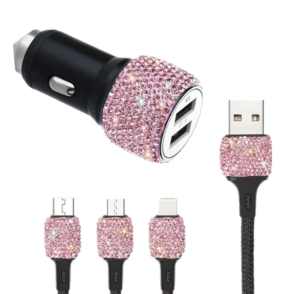 شاحن سيارة ONEMAXES Bling بمنفذين سريعين من USB 5 فولت 2.1 أمبير باللون الوردي