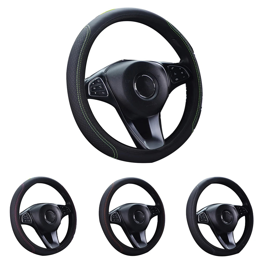 ONEMAXES 1Pcs Steering Wheel Cover Breathable Leather Anti Slip PU Leather Steering Covers for 37-38cm