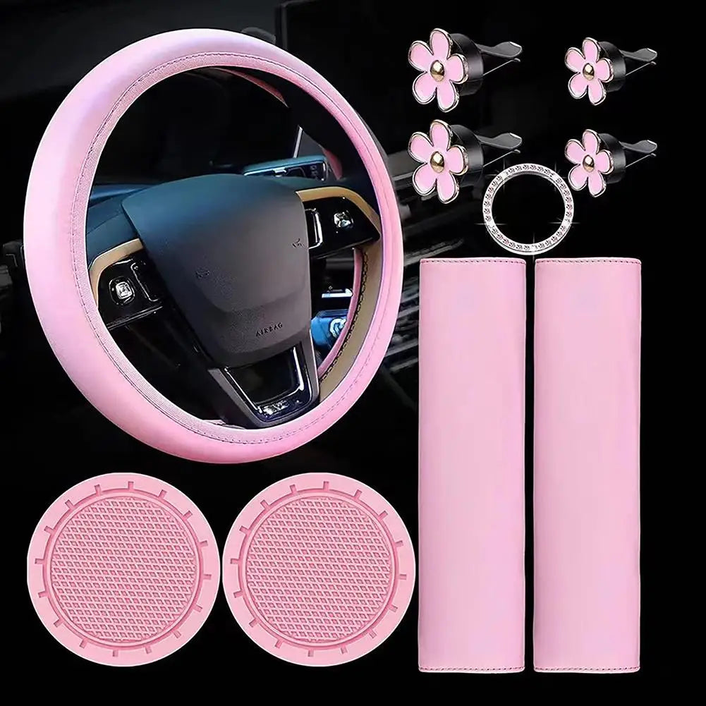 ONEMAXES 10 Pcs Leather Steering Wheel Cover For Women Cute Car